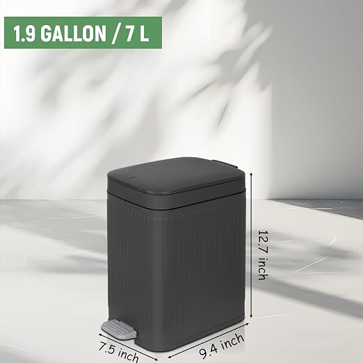 Small Bathroom Trash Can with Lid, 1.9 Gallon Slim Soft Close Step, Gray | Garbage Can with Pedal for Office, Bedroom, Kitchen & Living Room, Narrow Plastic Wastebasket Container for Small Spaces