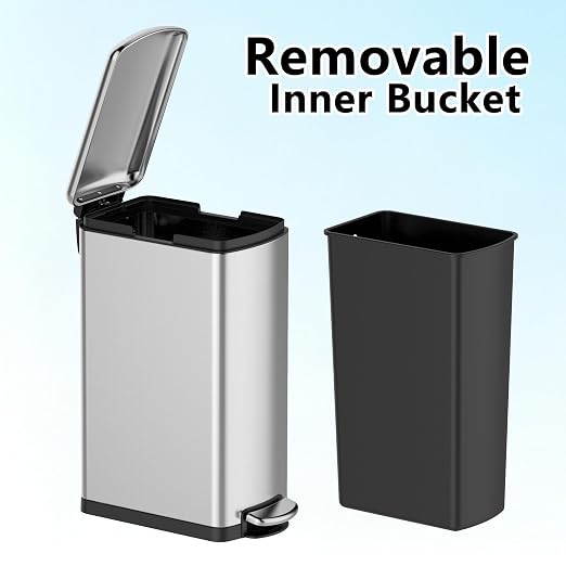 8Gal/30L Slim Kitchen Trash Can, Skinny Stainless Steel Garbage Can with Removable Inner Bucket & Soft Close Lid, Narrow Trash Bin for Bathroom Living Room Office, Silver