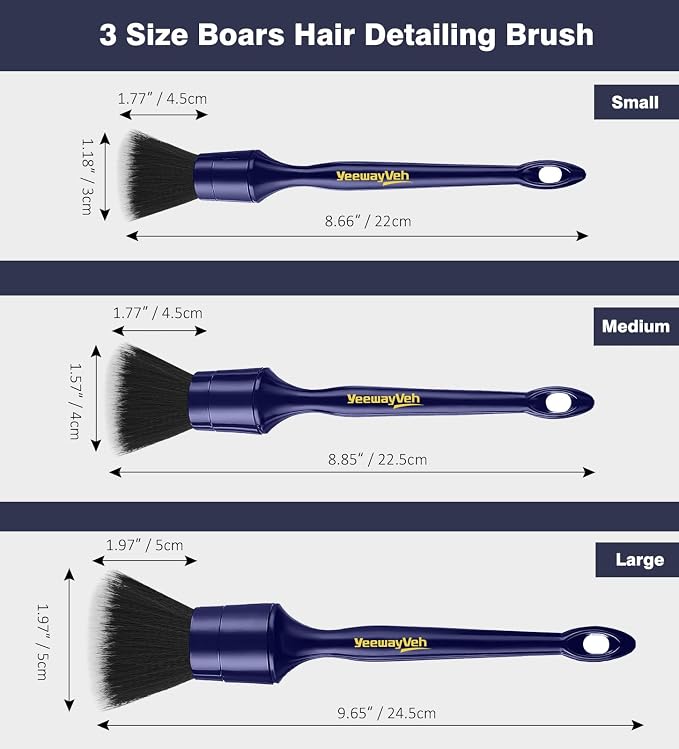 YeewayVeh 3PCS Car Detailing Brush Set, Ultra Soft, Indigo/Black | No Scratch Thick Detail Brushes for Dashboard, Air Vents, Leather Seat & Dusting, Interior/Exterior Car Detailing, 3 Sizes