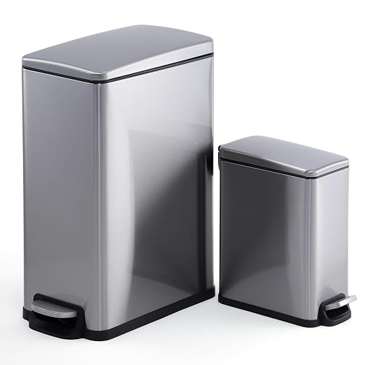 12 Gallon/45L Stainless Steel Step Trash Can, Soft Close Pedal Garbage Bin with Detachable Inner Bucket,Fingerprint Resistant,Dual-Use Waste & Recycling Container for Home Kitchen, Bathroom and Office