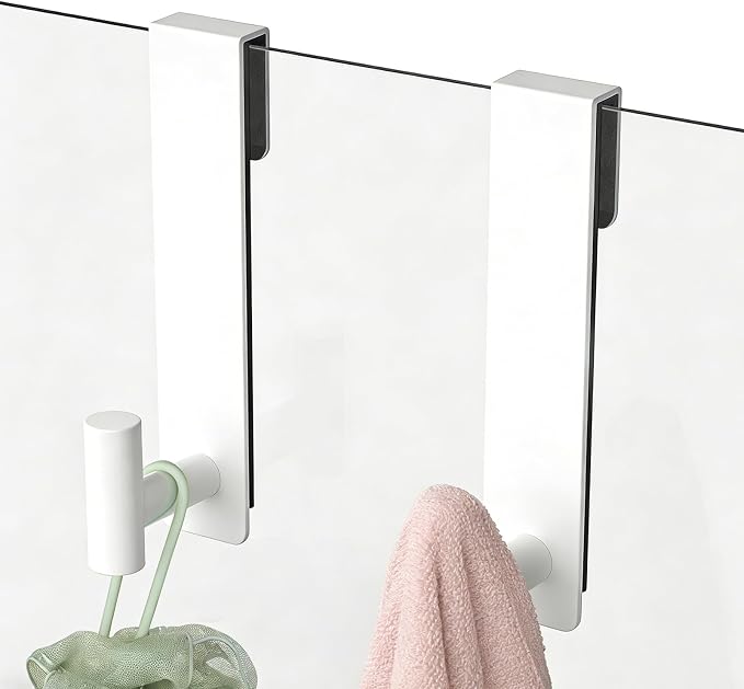 PMMASTO White 7.5 Inch Shower Door Towel Hook, Fits 3/8-Inch Glass | Heavy-duty Stainless Steel, Extended T-shaped Design, for Towels Bathrobes on Frameless Glass Shower Doors