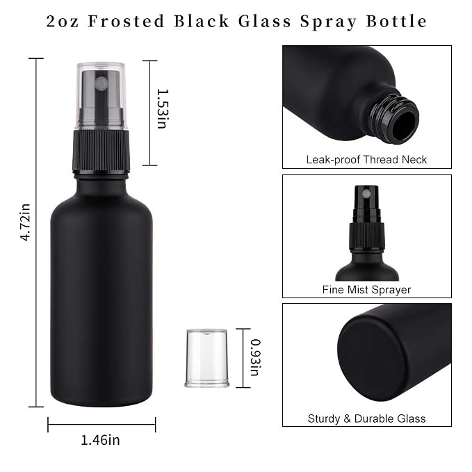 2oz Frosted Black Glass Spray Bottles for Essential Oils, Set of 3 | Small, Travel, Mini, Empty, Fine Mist, for Facial, Cosmetic, Perfume, Hair Care, Room, Refillable, Leakproof, UV protection