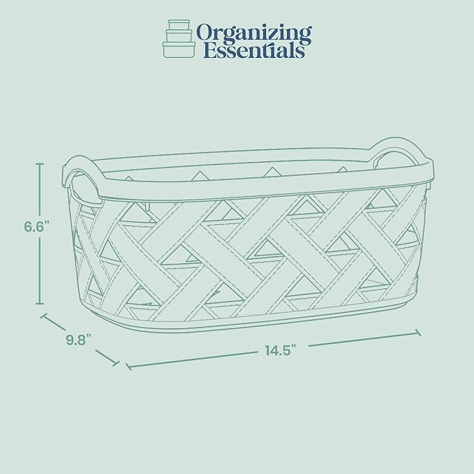 Large Plastic Storage Basket with Handles – Blue & Cream Decorative Bin for Bathroom, Kitchen, or Living Room – Designer Leather Pattern Organizer Basket, 10.6L