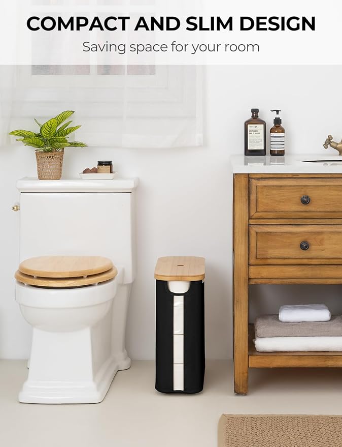 StorageWorks Toilet Paper Storage Basket with Bamboo Lid & Window | See Rolls at a Glance with Clear Window, Holds 16 Regular or 12 Mega Rolls for Bathroom Toilet Paper Storage, Black