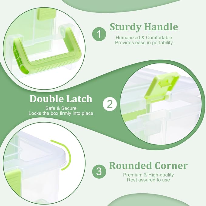 BTSKY Clear Plastic Dividing Storage Box with 4 Deep Compartment Sewing Box | 13.9x7.9x6.2 Inches Adjustable Storage Bin with Lid Portable Craft Container Multipurpose Art Supply Organizer Green