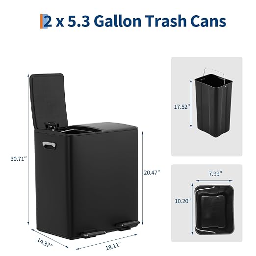 5gal Stainless Steel Double Trash Can with Lid for Kitchen, Large Dual Trash and Recycle Bin Combo, Step-on Kitchen Metal Garbage Cans, PP Inner Buckets, Liner Rim, Black