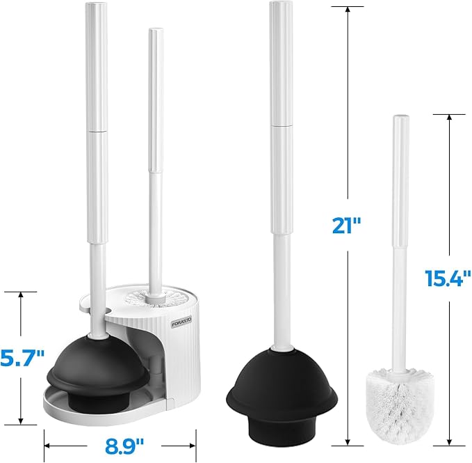 FORASTO 2Pack 2 in 1 Toilet Brush and Plunger Set,Clean Gloves, Extended Handle Plunger,Toilet Bowl Brush Plunger Set,Bathroom Cleaning Tools,Toilet Brush Plunger Combo,Cleaning Brush(Cream White) | 21" Extended, Cleaning Gloves, Heavy Duty Rubber Toil...