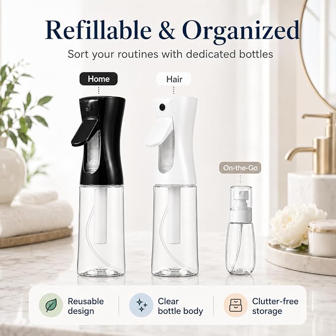 3 Pack Spray Bottles, Continuous Mist Sprayer, Water Spray Bottle for Hair, Hair Mister, 200ml x2 + 30ml Refillable Fine Mist Set - for Styling, Plants, Cleaning & Home Use (Black & White)
