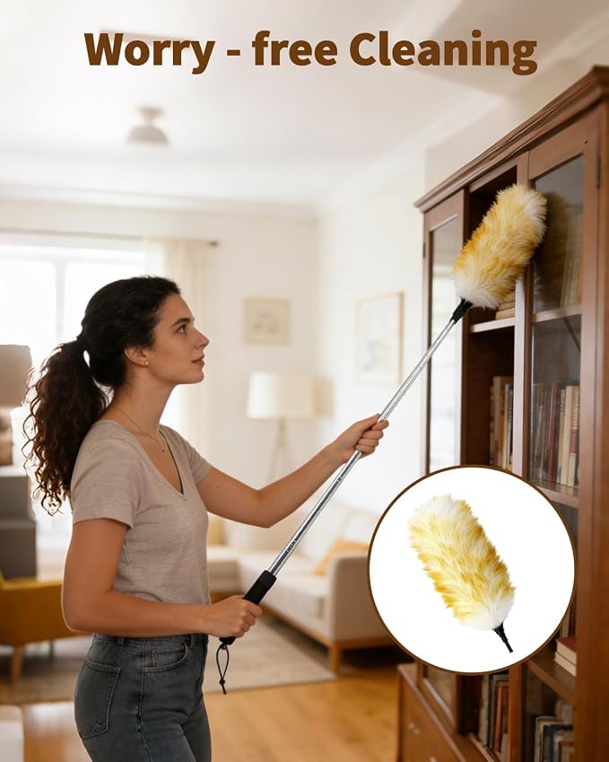 Extendable Wool Duster, 18-48 Inch Long Handle Duster with Natural Fluffy Wool Head, Dusters for Cleaning Ceiling Fans, Blinds, High Ceilings, Furniture, Washable & Reusable