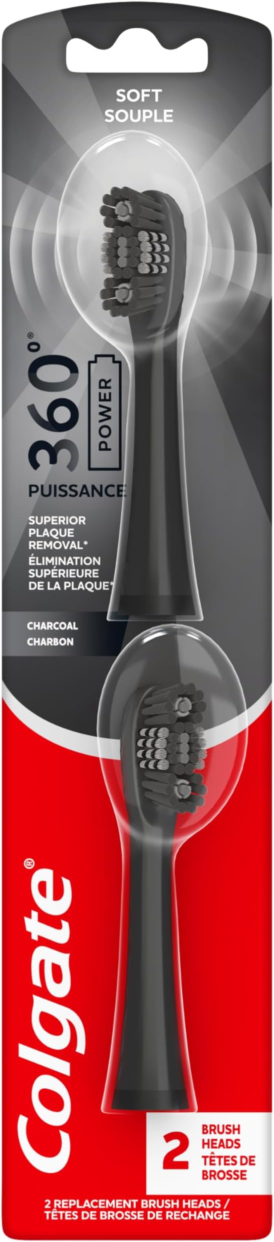 Colgate 360 Battery Powered Replacement Toothbrush Heads, Black, 2 Pack | Fits Any Colgate 360 Battery Powered Electric Toothbrush, Soft Bristles, Rubber Polisher, Removes Odor-Causing Bacteria