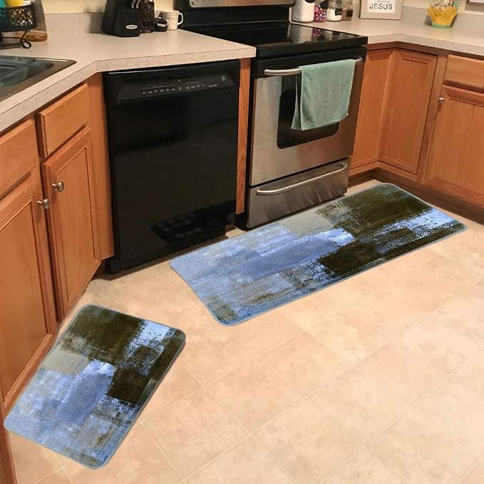 TOMWISH Blue Kitchen Rugs Blue and Brown Abstract Art Painting Kitchen Décor