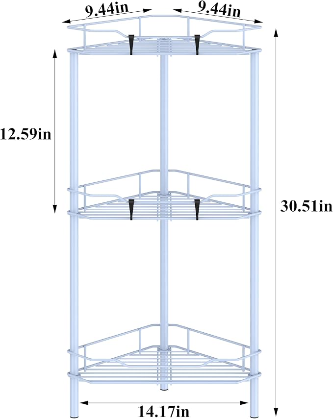 HuggieGems Metal Floor Standing Corner Shower Caddy, Blue, 3 Tier | Adhesive Bathroom Organizer Shelves, Free Standing Shower Rack with Hooks, Hold Large Shampoo Bottles
