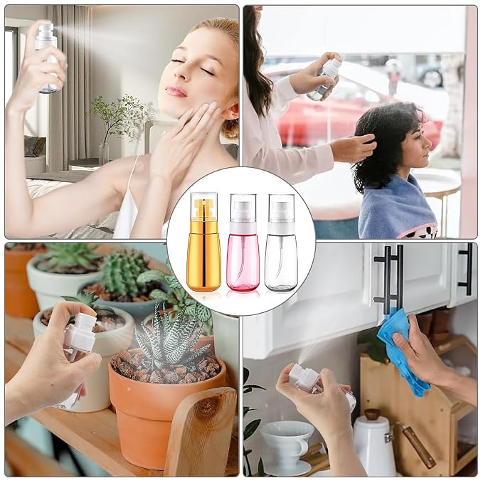 Travel Spray Bottle 3 Pack 2oz 60ml Gold+Pink+Clear | Leak Proof, TSA Approved, Fine Mist, Empty Plastic Refillable Containers, For Hair Perfume Toners Rose Water Cosmetics