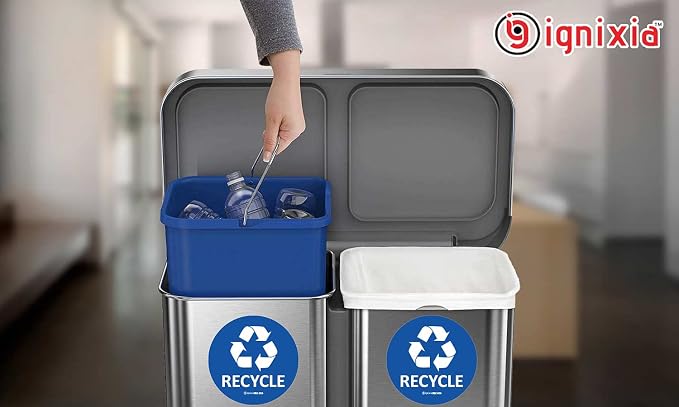 IGNIXIA Recycle Stickers for Trash Can 6x6 Inches Large (Pack of 2) Recycle Decals for Recycle Bins Waterproof UV Protected Recycling Stickers for Trash Can Indoor & Outdoor (Blue)