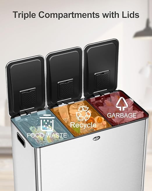 Trash Can 90 L/23.8 gal,Three-Compartment Pedal Stainless Steel Kitchen Recycling Trash Can with Odor Seal, Hands-Free Foot Operated Waste Bin for Home, Office, Restaurant, School, Hospital