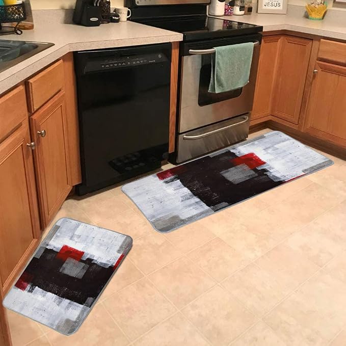 TOMWISH Red and Grey Abstract Art Painting Farmhouse Kitchen Rugs Area Rugs | Kitchen Rug 18"X48"+18"X30" Non Skid Washable Decorative Kitchen Mats Set of 2 for Kitchen Dining Room Floor Sink Laundry