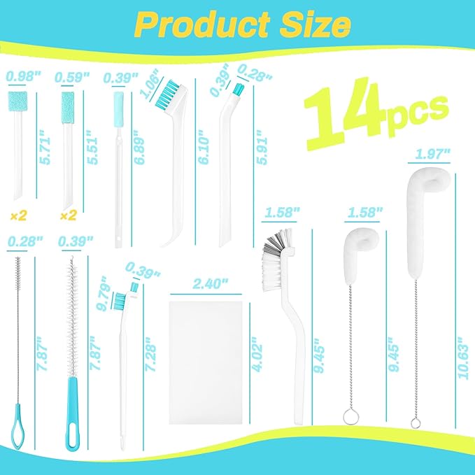 Potanro Ice Machine Cleaner Brush Sets,14Pcs Ice Maker Cleaner Tools | Gap Crevice Cleaning Brushes Tools Small Spaces, Scrub Sponge, Thin Brush for Countertop,Cleaning Window Track, Straw, Bottle