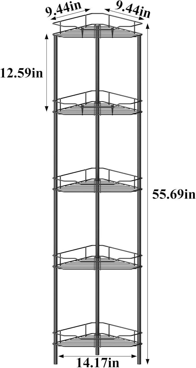HuggieGems Metal Floor Standing Corner Shower Caddy, Matt Black, 5 Tier | Adhesive Bathroom Organizer Shelves, Free Standing Shower Rack with Hooks, Hold Large Shampoo Bottles
