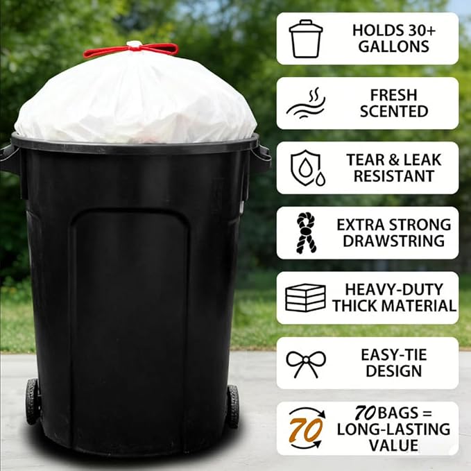 30 Gallon Trash Bags Drawstring Floral Scent 30 Gal Strong Garbage Bag 70ct | Large Drawstrings Trash Bags Heavy Duty, Break Resistant Closure, Resists Leaks, Punctures Tears Party Cleanup Donations