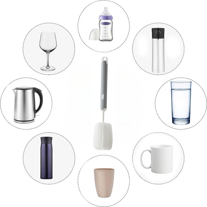 Bottle Brush Long Handle Cup Cleaner Brush Sponge Bottle Scrubber Detachable Handle Portable Sponge Cleaning Brush for Cups Wine Glasses Water Bottles Baby Bottles and Vacuum Flasks (Grey)