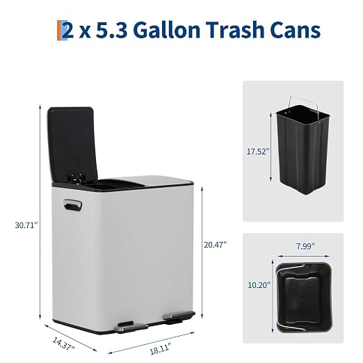 5gal Stainless Steel Double Trash Can with Lid for Kitchen, Large Dual Trash and Recycle Bin Combo, Step-on Kitchen Metal Garbage Cans, PP Inner Buckets, Liner Rim, White