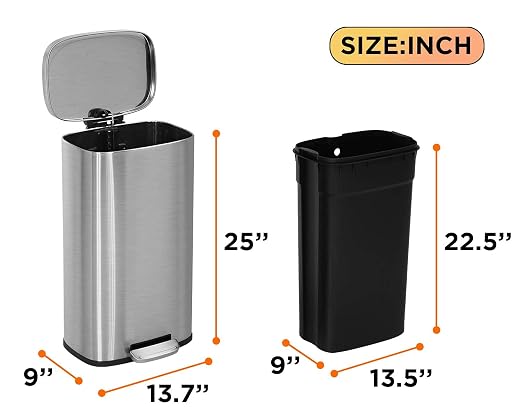 8 Gallon (30L) Stainless Steel Trash Can with Lid, Removable Inner Bucket, Foot Pedal, Soft Close, for Office&Home&Kitchen