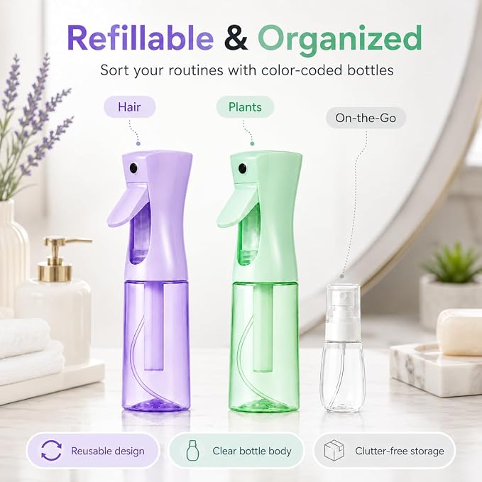 3 PCS Spray Bottles, 2-Pack Continuous Spray Bottles,Fine Water Mist Spray Bottles for Hair 6.8 OZ (200 ML) and 1oz 30ml Travel Spray Bottle Mister (Purple+Green)