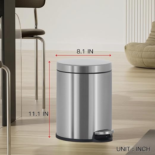 Trash Can, Mini Stainless Steel 6 Liter/1.6 Gallon Bathroom Trash Can Step Garbage Can Round Trash can with Lid w/Removable Inner Bucket Waste Basket for Bathroom Kitchen Office