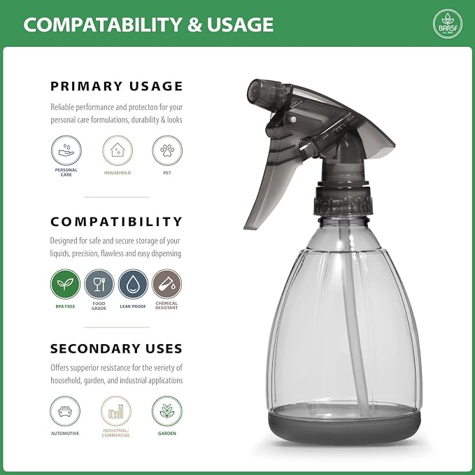 Bar5F Plastic Spray Bottle, 12 oz, 2 Count | Leak Proof, Empty, Trigger Handle, Adjustable Fine to Stream Output, Refillable