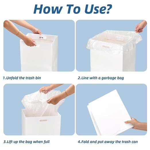 WIFTREY 13 Gallon Disposable Trash Cans for Parties 5 Pack, White | 13.5"L x 10.0"W x 21.7"H, Collapsible Waterproof Cardboard Bins with Handles, Reusable or Single-Use for Camping, Kitchen