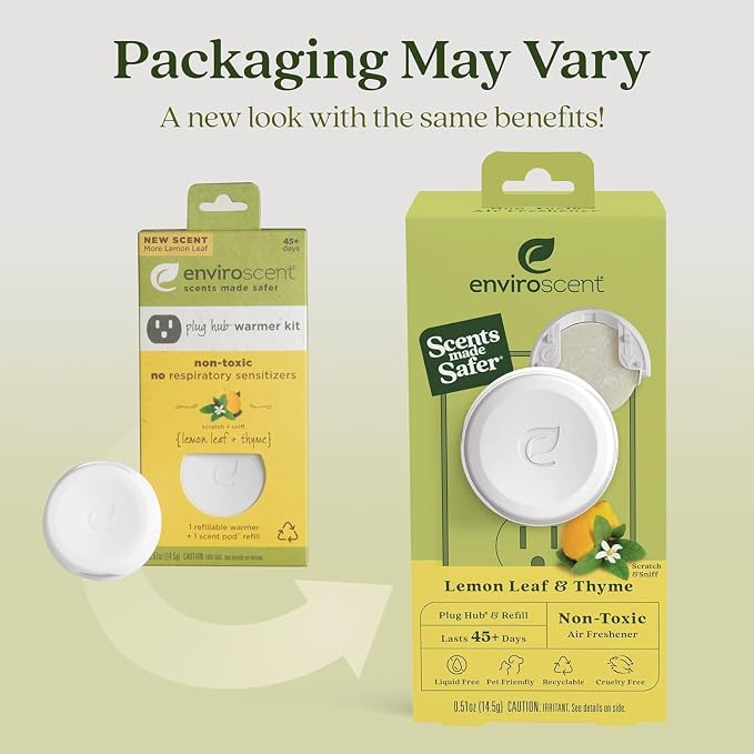Enviroscent Non-Toxic* Air Freshener Plug-In Plug Hub® Kit for Home, 1 Pack | Non-Toxic* Air Freshener w/ Lemon Leaf & Thyme Scent | Fits Standard Outlets for Daily Use | Pet-Friendly w/ Paper Refill