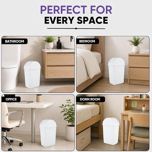 Superio Small 2.5 Gallon Plastic Trash Can with Swing Top Lid, Compact Slim Waste Bin for Under Desk, Office, Bedroom, Bathroom, Dorm Room, 10 Qt. Portable Garbage Can (White)