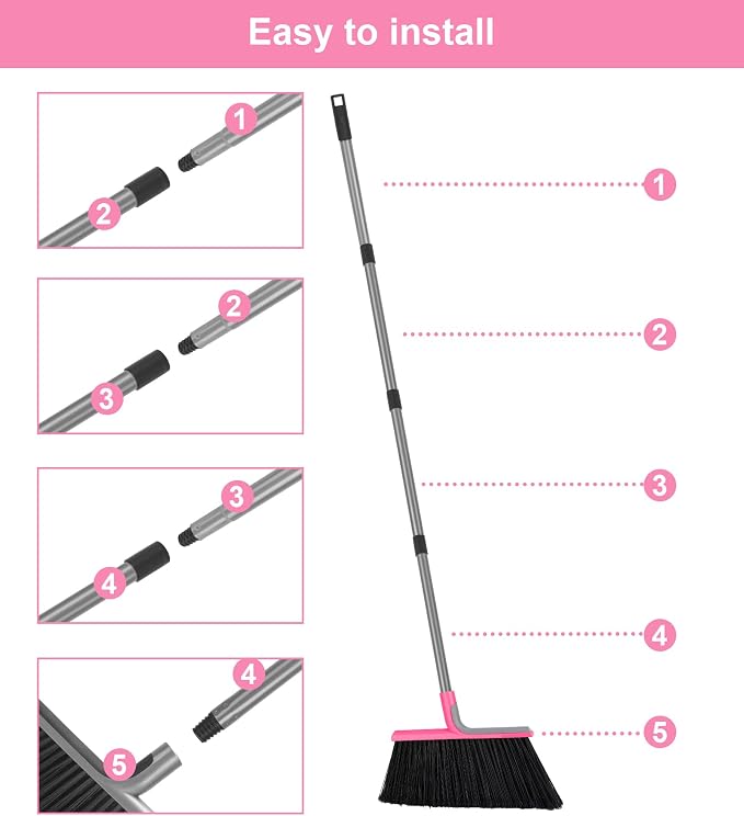 KeFanta Heavy Duty Outdoor Broom with 54.7" Long Handle, Pink | Commercial Brooms for Sweeping Outdoor Concrete Courtyard Garage Patio Indoor Home Floor Kitchen Office Lobby