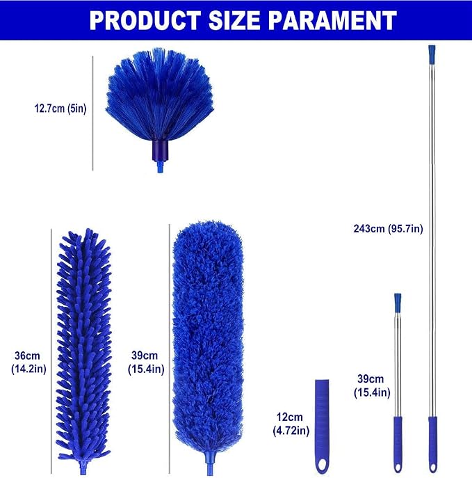 Microfiber Duster Kit High Reach Ceiling Fan Duster with Extendable Pole 100" Telescoping Cobweb Duster for Cleaning, Bendable Head Washable Duster for Ceiling, Fan, Furniture