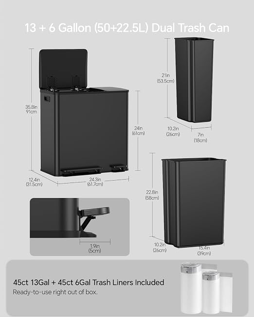 Dual Trash and Recycling Bins for Kitchen, 13+6 Gal Dual Trash Can, Black | 90 Trash Bags, Stainless Steel Garbage and Recycle Bin Combo for Large Families,Soft Close Lid & 2 Magnetic Stickers
