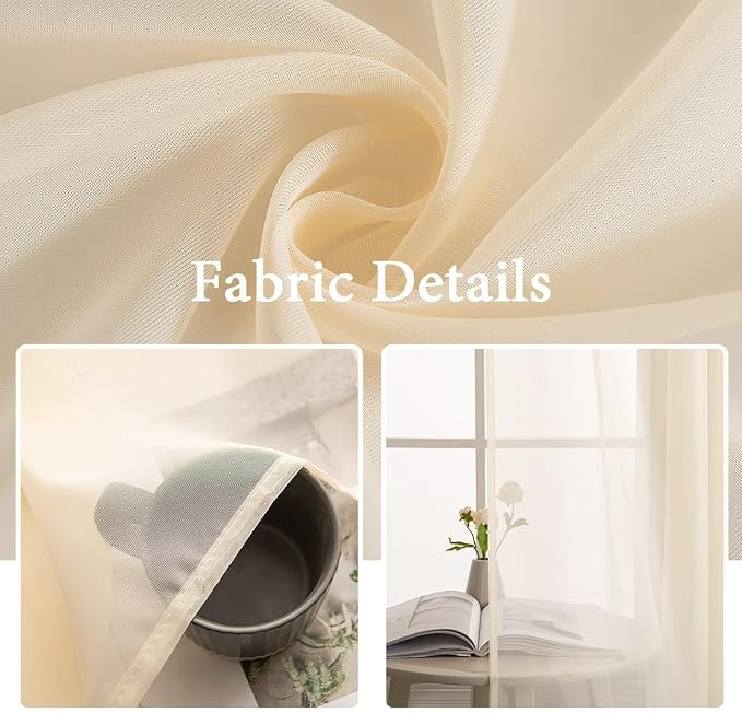 MIULEE Cream Beige 40 x 72 Inches Sidelight Sheer Curtains for French Door | Light Filtering Window Treatment for Narrow Door, Tieback, 2 Panels