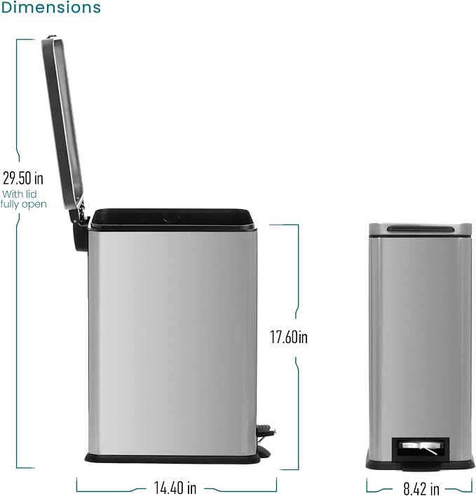 Home Zone Living 4 Gallon Stainless Steel Slim Kitchen Trash Can | Stainless Steel with Soft-Close Step Pedal Lid, Bag Tuck Band for Easier Bag Changes, Rectangular Shape, Silver