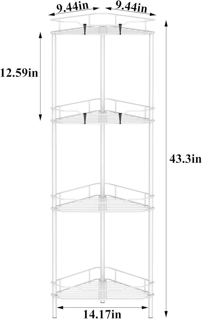 HuggieGems Metal Floor Standing Corner Shower Caddy, White, 4 Tier | Adhesive Bathroom Organizer Shelves, Free Standing Shower Rack with Hooks, Hold Large Shampoo Bottles