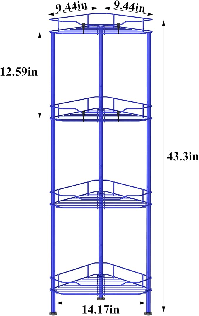 HuggieGems Metal Floor Standing Corner Shower Caddy, Dark Blue, 4 Tier | Adhesive Bathroom Organizer Shelves, Free Standing Shower Rack with Hooks, Hold Large Shampoo Bottles
