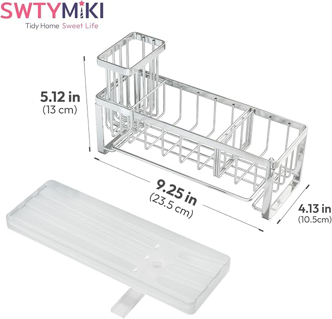 SWTYMIKI Sponge Holder for Kitchen Sink - Sink Caddy with Brush Holder Self-draining Sponge Caddy Organizer with Divider Stainless Steel Kitchen Accessories Storage for Countertop, Silver