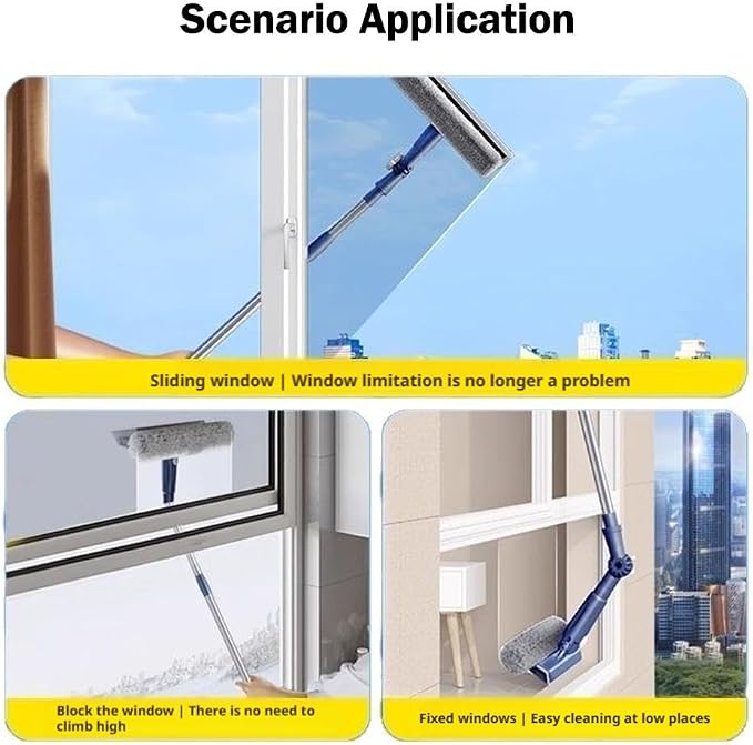 Window Cleaning Equipment, 163 cm Long Handle Professional Shower Glass Washing Brush, Extendable Professional Windshield Cleaner Kit, Scraper and Microfiber Pad Combo for Glass Wall Car Home Kitchen