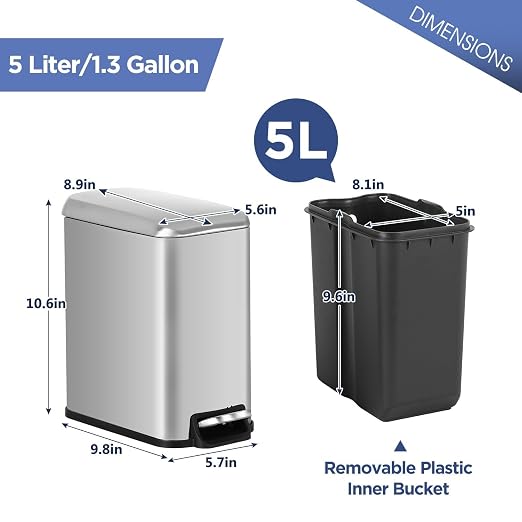 1.3 Gallon Kitchen Trash Can, Stainless Steel, Removable Plastic Inner Bucket, Foot Pedal, for Bathroom,(2 Set)