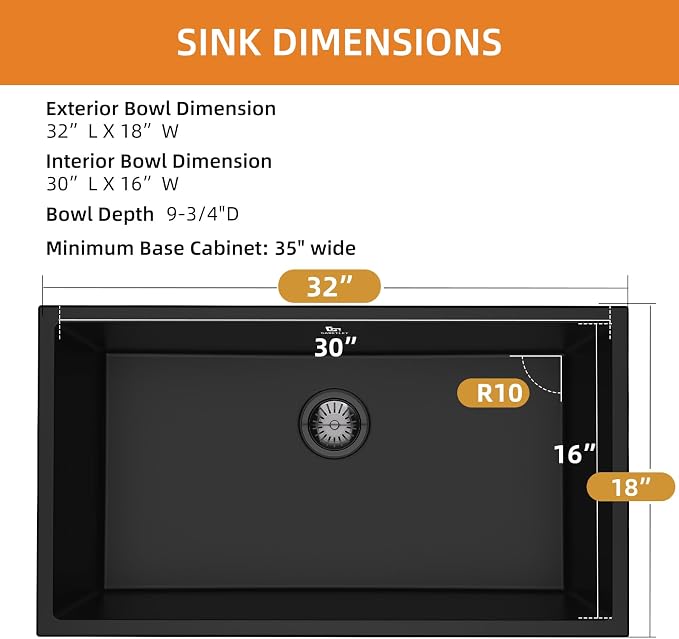 32-inch Granite Composite Kitchen Sink, GABETLET Undermount Quartz Kitchen Sinks with Spacious Workspace and Easy Cleaning, Black Single Bowl Deep Sink with Complete Accessories