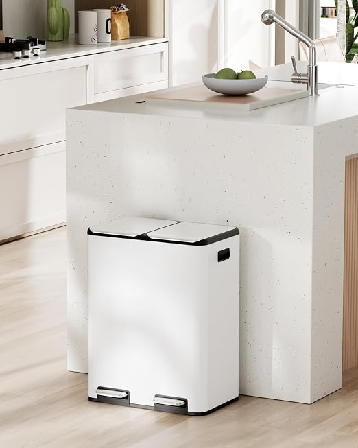 Arlopu 16Gal Dual Trash Can w/2 Built-in Box for Odor Control | Hands-Free Kitchen Garbage Bin, Recycle Waste Dustbin, Soft-Close Lid, 2 Buckets, Foot Pedal, Side Handle, for Home (White)