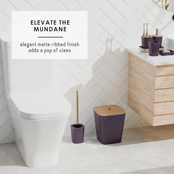 Clara Clark Bathroom Set - Purple Bathroom Accessories Set, 6PC Bathroom Accessory Set, Bathroom Sets with Adhesive Corner Shower Caddy Hanging, Toilet Brush, Trash Can & Soap Dispenser