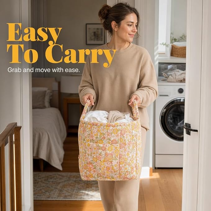 Foldable Laundry Boho Floral Quilted Storage Bin Basket with Handles for Clothes, Car Organizer, Collapsible Hamper ,9