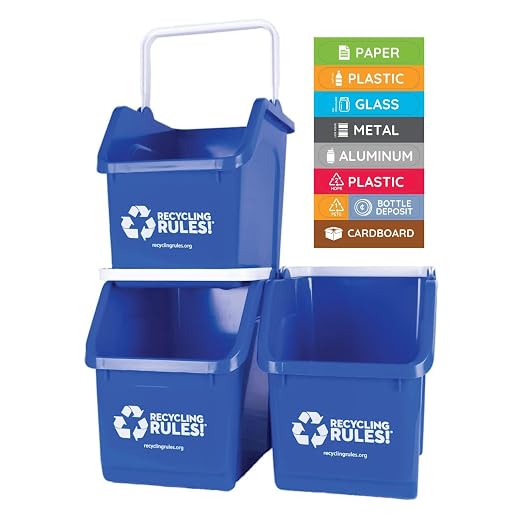 6 Gallon Stackable Recycling Bin Container in Blue, Eco-Friendly Handy Recycler with Handle, 3-Pack with Stickers