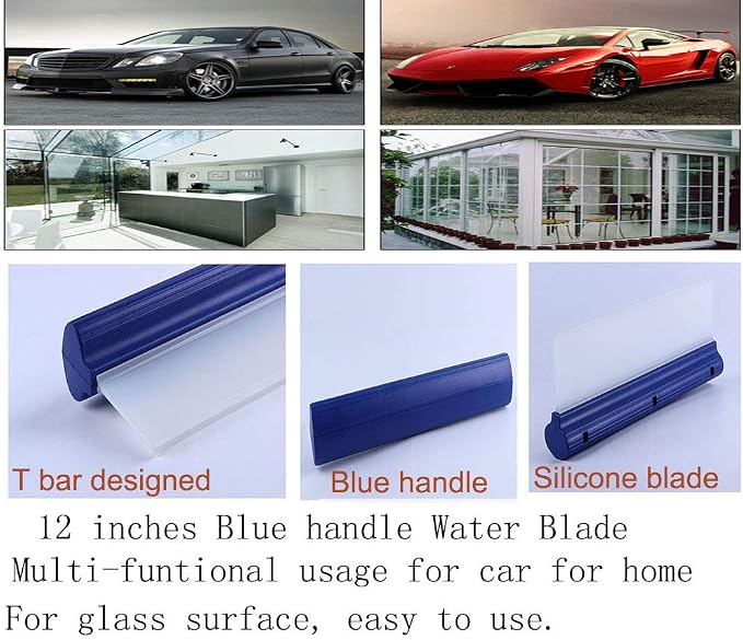 Car Squeegee,12" Flexible T-Bar Water Blade, Silicone, Blue Handle | Water Wiper for Drying, Squeegee for Car, Home Glass, Shower Glass, Mirror, Door Car, Bathroom