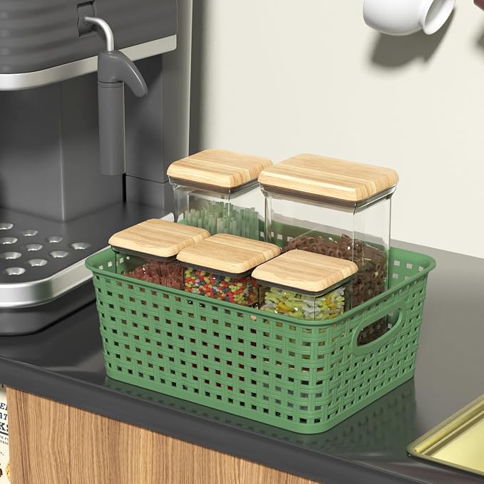 Sadstory Green Plastic Woven Storage Basket, Plastic Shelf Basket, 6 Packs | Deep Green Small Plastic Organizer Baskets for Bathroom, Kitchen, Pantry