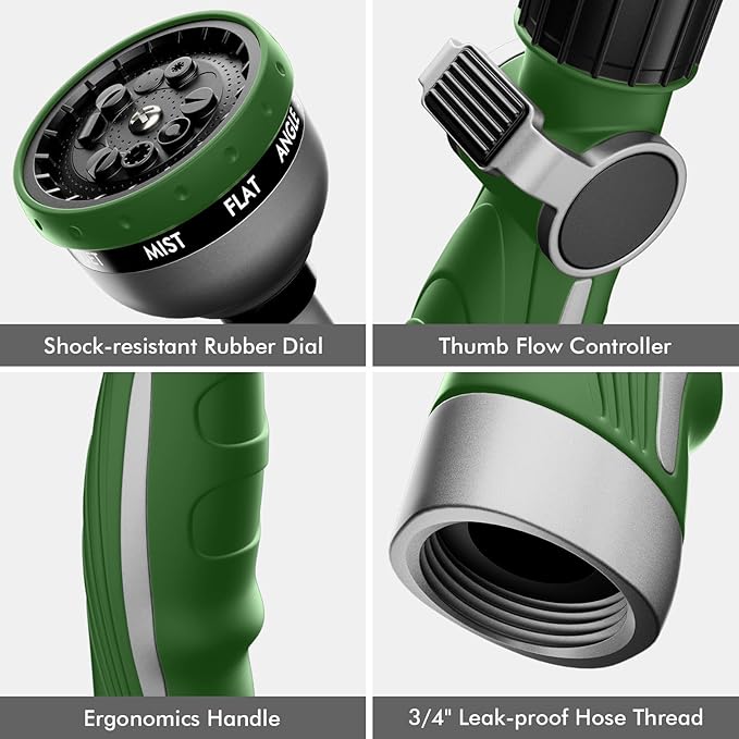 RESTMO Watering Wand Heavy Duty, 15-Inch Long Hose Nozzle Sprayer | 10 Spray Patterns & Thumb Flow Control, Metal Garden Hose Wand for Water Hanging Baskets and Shrubs, Green